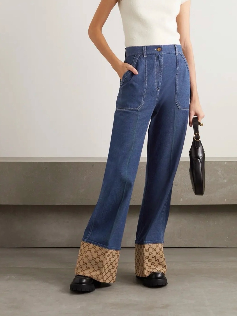 Gucci Monogram Cuffed Wide Leg Denim Jeans